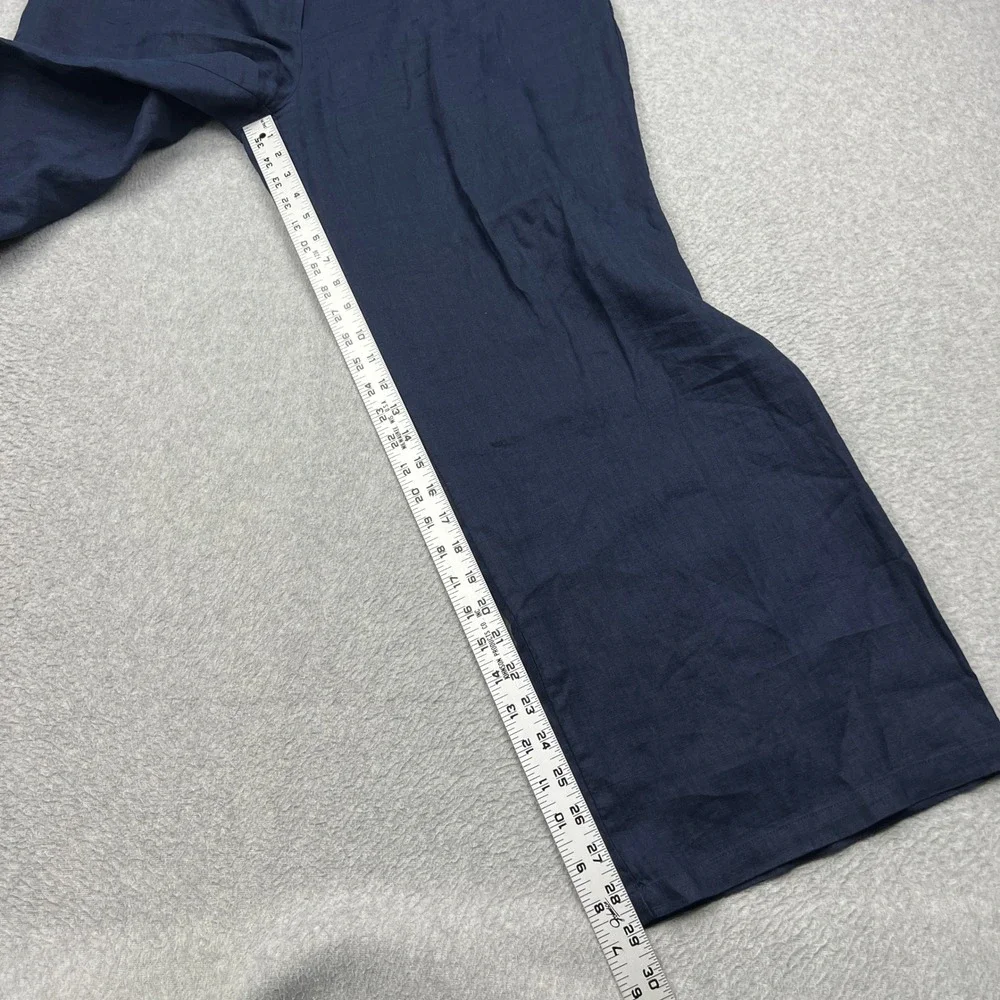 Quince Pleated Trouser Womens 16 Navy 100%  European Linen Wide Leg Elastic Back